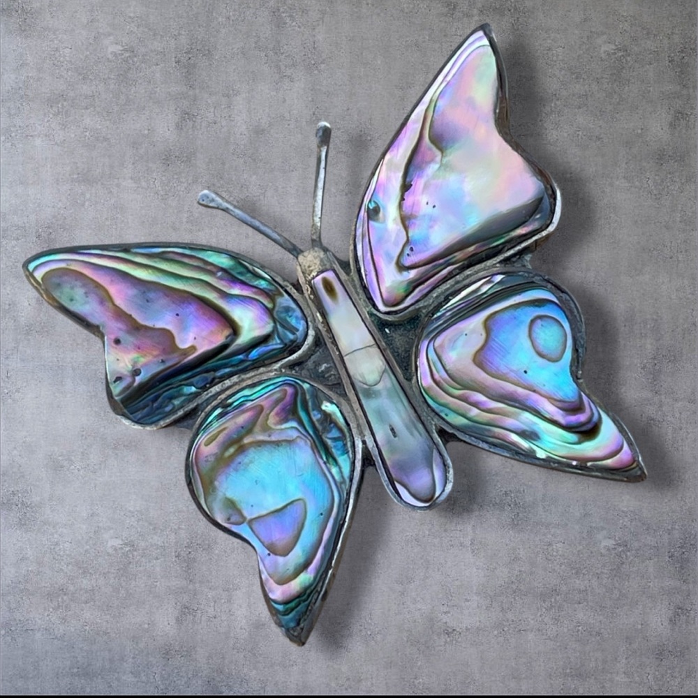 Vintage Butterfly Abalone Inlay Silver Mexico Pin Brooch